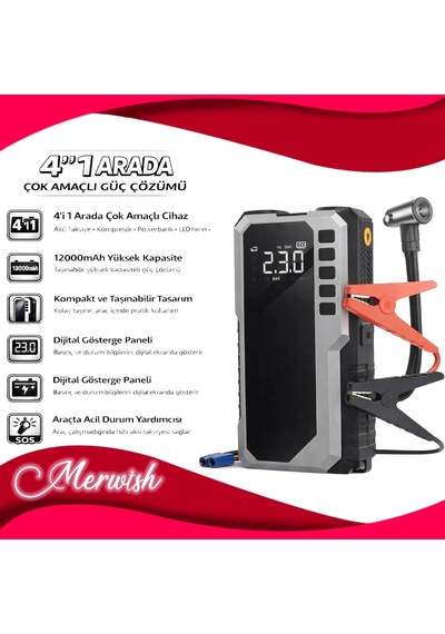 Cs68 Plusmax 12000mah Akü Takviye Ve Lastik Şişirme Kompresörü 4'ü 1 Arada Araç Jump Starter, Powerbank, Led