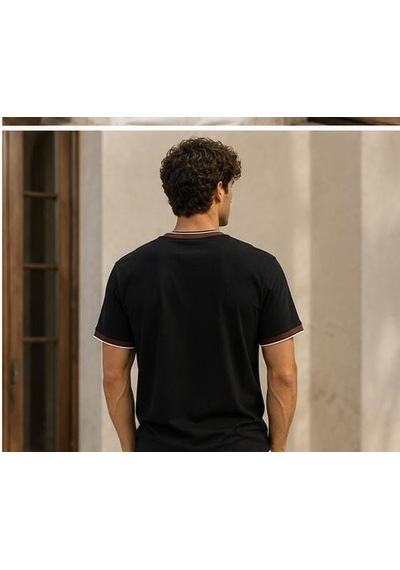 Ribana Erkek Kısa Kollu Bisiklet Yaka Şerit Detaylı Düz Renk T-shirt 4224 Siyah