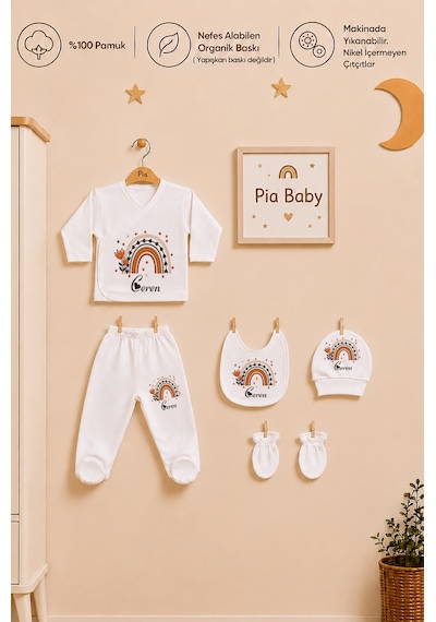 Pia Baby İsme Özel Kız Bebek 5 Parça Zıbın Seti Kişiye Özel %100 Pamuk Organik Baskı 1039z0x Krem