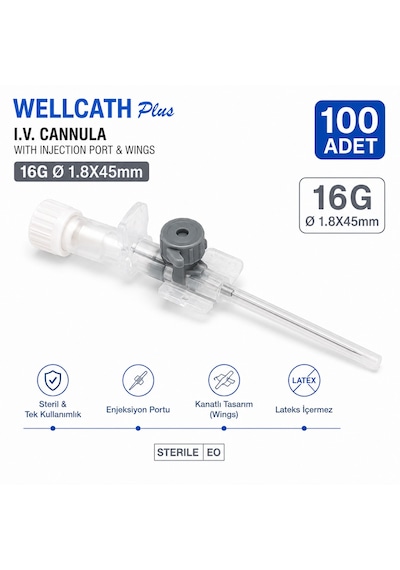 Wellmed Wellcatch Plus 16g Gri İ.v. Branül 1.8 45 Mm Portlu Kanatlı Steril 200 Adet