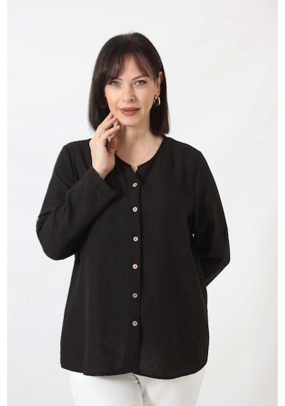 Moda Berray Sb-0169 Keten Kolu Apoletli Sıfır Yaka Büyük Beden Siyah Gömlek Siyah