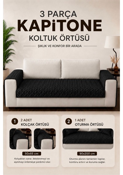 3 Parça Kaymaz Taban Kapitone Koltuk Örtüsü Takımı Çekyat Kanepe Seti Siyah Siyah