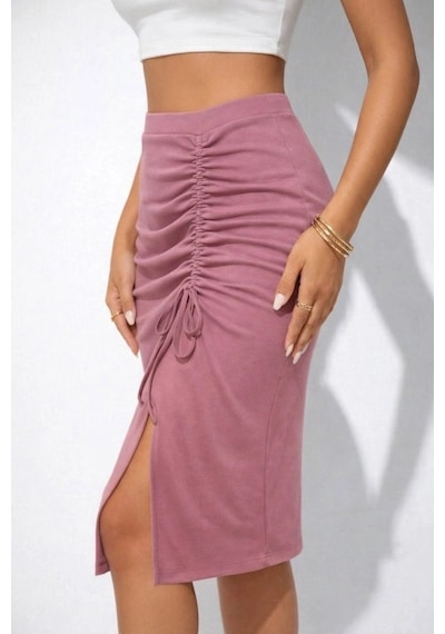 Defymoda Kadın Beli Lastikli Yandan Büzgülü Bağcık Detaylı Midi Kaşkorse Etek Pembe