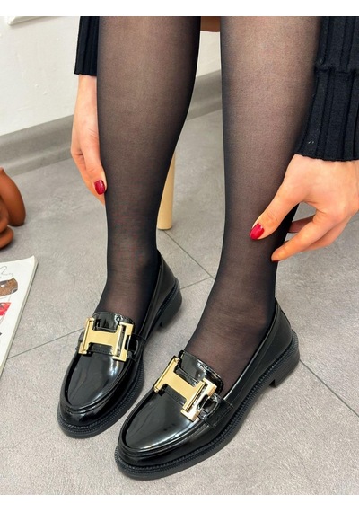 Siyah Rugan Ellie Gold Toka Detay Ortopedik Taban Kadın Loafer-5183 Siyah Rugan