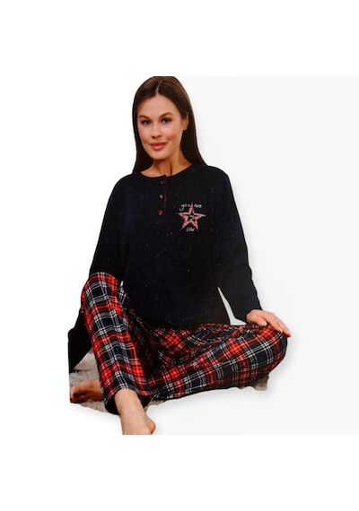 Miss Melina % 100 Pamuk Uzun Kol Kadın Pijama Takımı Ekoseli Lacivert