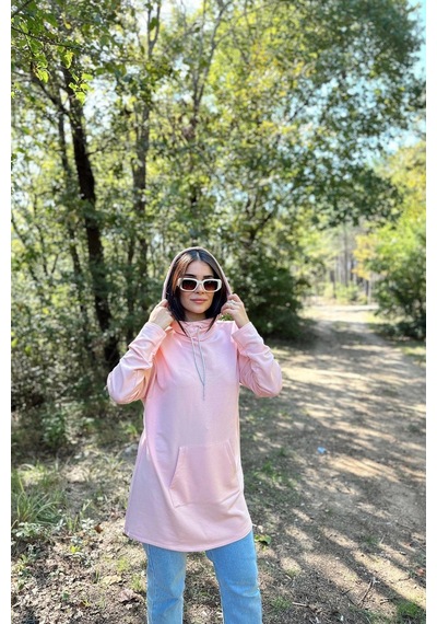WeShaya Kadın Pudra Uzun Kol, Yakası Bağcıklı, Kapüşonlu, Kanguru Cep, Salaş, Uzun Tunik Sweatshirt Pudra