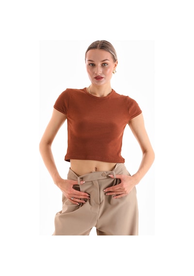 Loısy Kadın Likralı Kısa Kol Crop Bluz Kahve