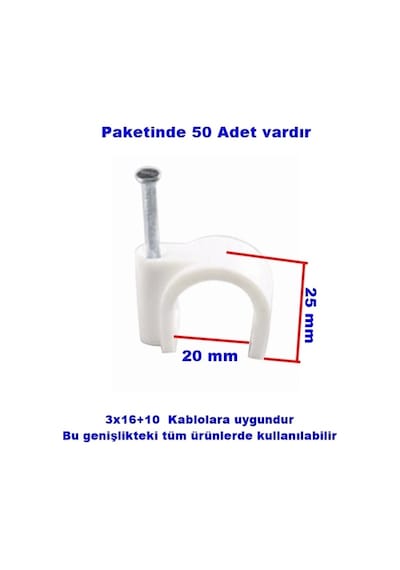 Beton Çivili Kablo Tutturma Kroşe No:8 50 Li Pk. Beyaz Plastik