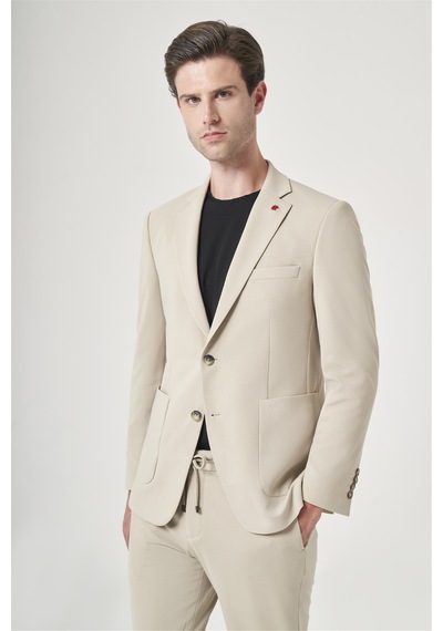 İmza Bej Mono Yaka 6 Drop Slim Fit Beli Lastikli Takım Elbise 1001260194 Koyu Bej