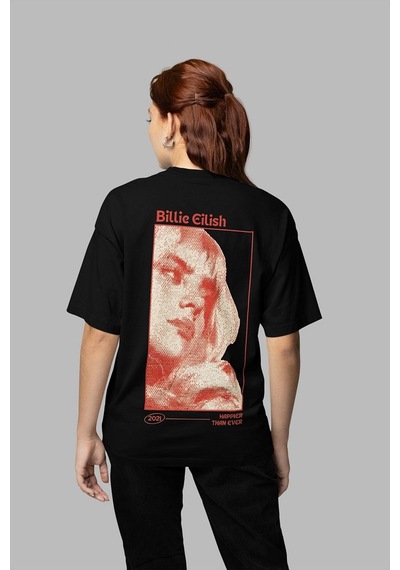 Sevbano Tasarım Billie Eilish Baskılı Unisex Oversize Şarkıcı Tişört Siyah
