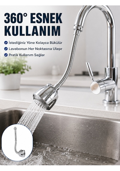 Krom Musluk Uzatma Aparatı 360 Dönebilen Su Tasarruflu Lavabo Fıskiyesi - Lisinya