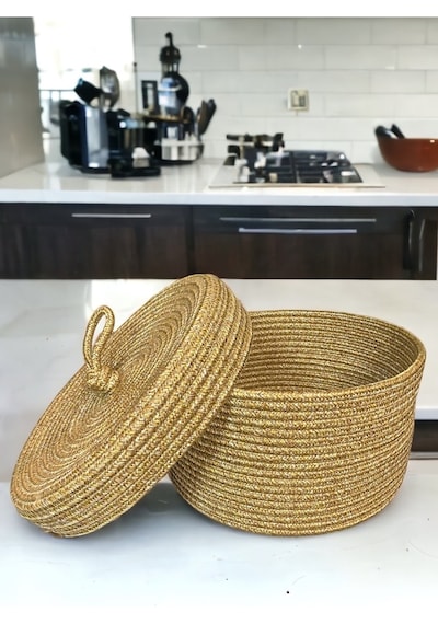 Mavaux Walnut Kapaklı Jüt Sepet Hasır