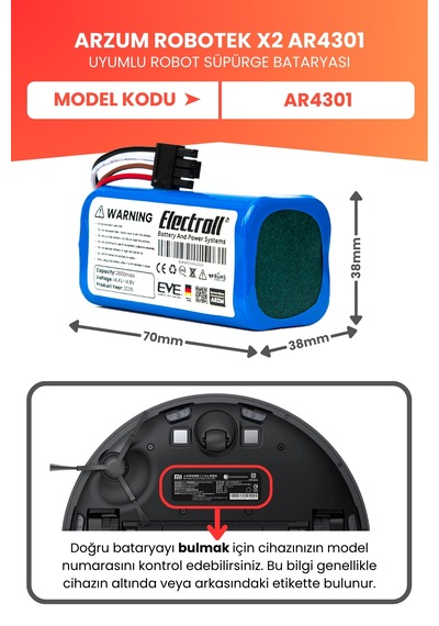 Arzum Robotek X2 Ar4301 Uyumlu Batarya Yüksek Kapasite 2800mah