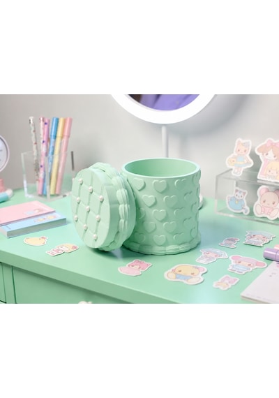 3d Baskı Kabartma Kalp Desenli Kapaklı Kalemlik - Masaüstü Organizer - Mint Çok Renkli