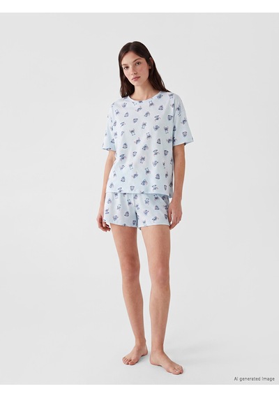 Lcw Young Mavi Stitch Baskılı Kadın Şortlu Pijama Takımı Lcw Young Mavi Stitch Baskılı Kadın Şortlu Pijama Takımı
