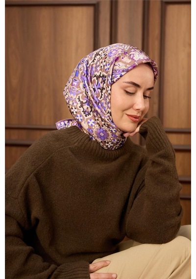 Silk Home Twill İpek Eşarp Vizon Mor Desenli Tok Duruşlu Kaymaz 90x90 Çok Renkli