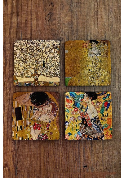 Doğal Taş Bardak Altlığı Gustav Klimt Eserleri Baskılı 4'lü Set -10x10cm Stone Coasters Çok Renkli