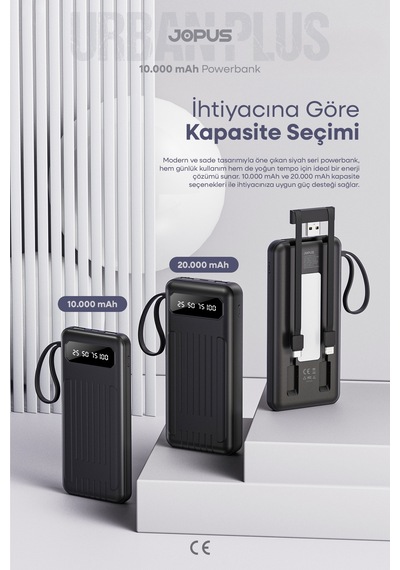 10000mah Powerbank Dahili Kablolu, Lcd Ekranlı, Led Lambalı, Taşınabilir Şarj Cihazı Siyah