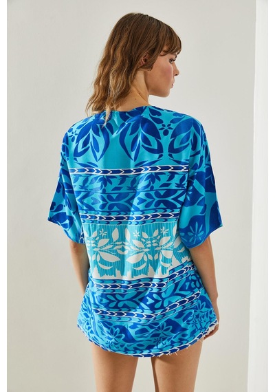 Shade Kadın Etnik Desenli Kısa Kollu Viskon Kimono 60251374 - Mavi