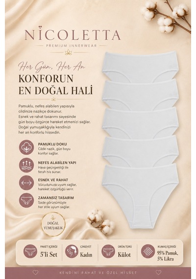 Nicoletta Kadın Külot Yüksek Bel Bikini 5 Li Paket Pamuklu Beyaz