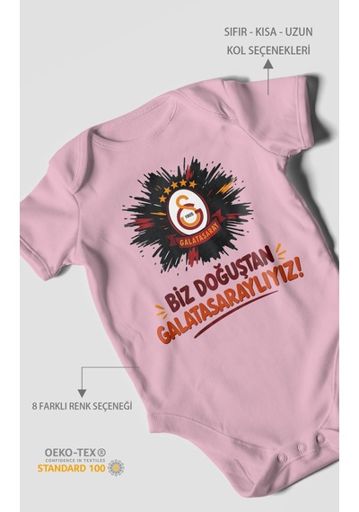 Morivokids Biz Doğuştan Galatasaraylıyız Kısa Kollu Bebek Body %100 Pamuk Koyu Pembe