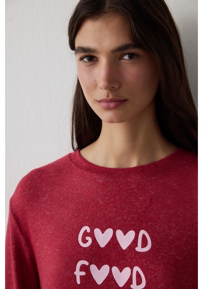 Penti Bordo Good Mood Slogan Baskılı Termal Etkili Sweatshirt Pijama Üstü