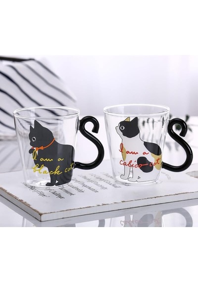 Kedi Figürlü Sevimli Kahve Fincanı Süt Çay Kahve Bardağı Kupa Isıya Dayanıklı Cam Fincan Kuyruk Kolu Kedi Fincan Hediyelik Diğer