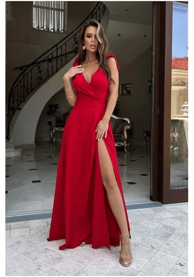 Etiler Collection Kadın Askılı Omuzdan Bağlamalı Kruvaze Yakalı Uzun Yırtmaçlı Janjan Krep Elbise Kırmızı