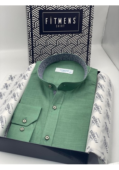 Hakim Yaka Slim Fit Keten Hediye Kutulu Erkek Gömlek Fs-003042 - Yeşil-2192