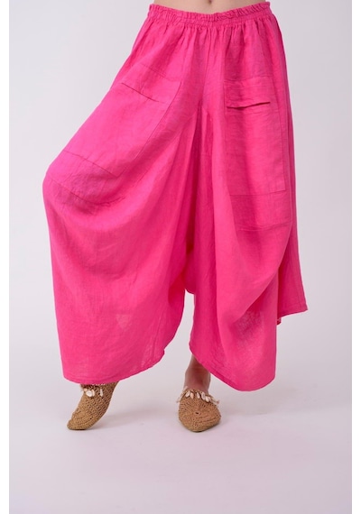 Bohem Stil İtalyan Cepli Keten Şalvar Pantolon 36-48 Beden Arası -8746 Pembe