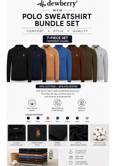 Dewberry Erkek Polo Yaka Sweatshirt 7'li Set %70 Pamuk Nakışlı Uzun Kollu Sweat Siyah-lacivert-haki-gri-camel-kahve-indigo Dewberry Erkek Polo Yaka Sweatshirt 7'li Set %70 Pamuk Nakışlı Uzun Kollu Sweat Siyah-lacivert-haki-gri-camel-kahve-indigo
