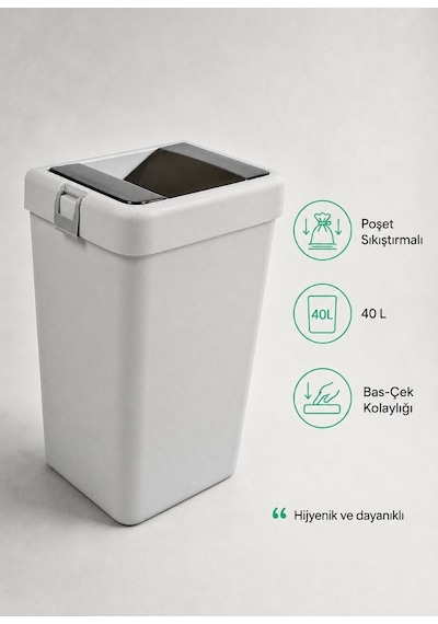 Gri Bas Çek Mutfak Çöp Kovası 40 L - Endüstriyel Modern Büyük Boy Pratik Çöp Kutusu