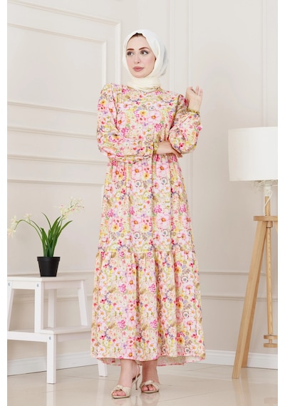 Sevitli Çiçekli Kumsal Elbise-pembe-5245 Pembe