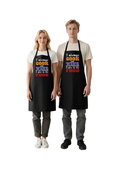 Erkek Unisex Mutfak Aşçı Önlüğü Şarap Baskılı Mizah Desenli Rahat Siyah