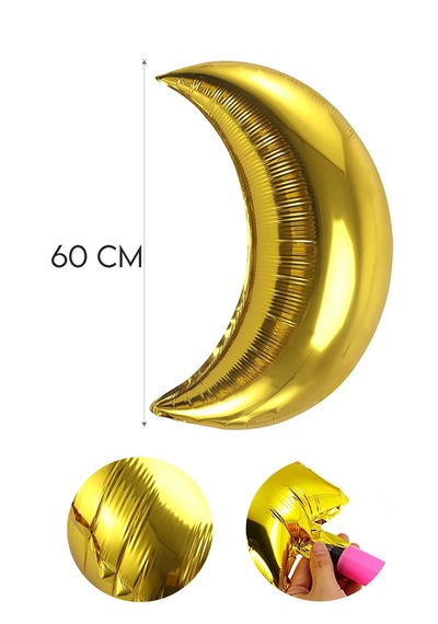 Gold Hilal Ay Folyo Balon, Altın Sarısı Ramazan Bayramı Islam Dini Oda Konsept Mekan Süsleri 60 Cm
