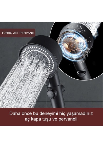 5 Fonksiyonlu Turbo Jet Pervaneli Duş Başlığı Aç-kapa Butonlu Siyah Plastik Diğer
