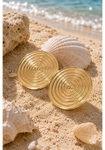 Kadın Gold Spiral Desenli Büyük Küpe Parlak Gold Yuvarlak Stateme Altın