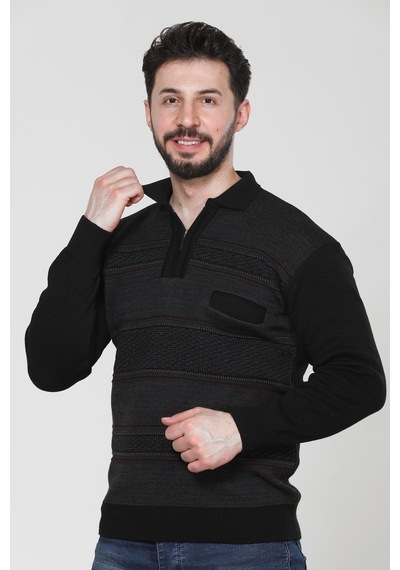 Kzc Tekstil Erkek Baba Orta Yaş Ve Üzeri Triko Örgü Akrilik Kışlık Regular Fit Cepli Fermuarlı Polo Yaka Kazak Siyah