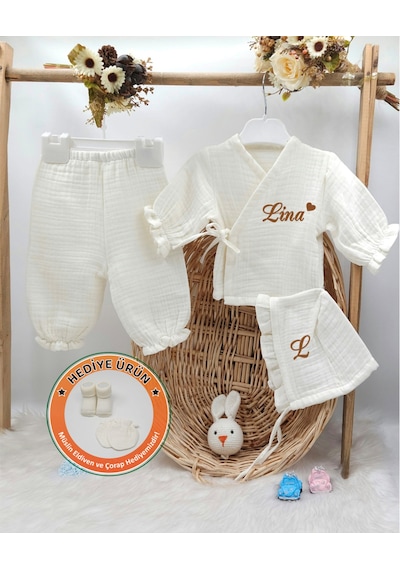 Gros Shop Yeni Doğan Müslin 3'li Kimono Bağcıklı Tulum %100 Pamuk Organik Kişiye Özgü İsimli Nakış Desenli Ekru-1