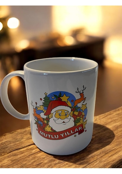 Mutlu Yıllar Noel Baba Temalı Porselen Kupa, Beyaz, Yeni Yıl Dekorlu, Kahve Çay Bardağı Mutlu Yıllar Kırmızı Noel Beyaz - Çok Renkli