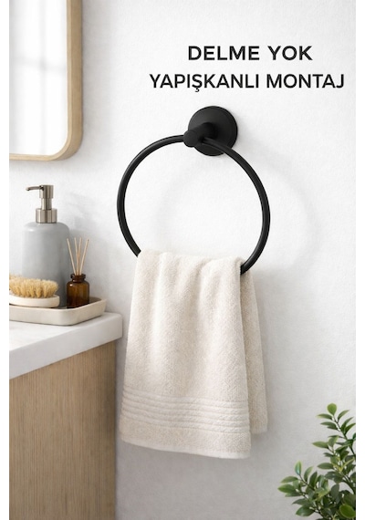 Viosa Yapışkanlı Siyah Yuvarlak Havluluk Banyo Mutfak Havlu Askılık Kolay Montaj Krom