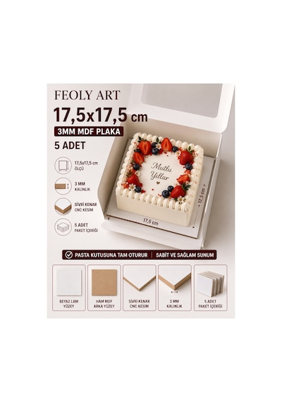 17,5x17,5 Cm 3mm Mdf Pasta Altlığı 5 Adet - Beyaz Lam Kaplamalı