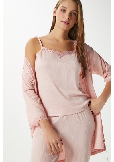 Ritnice Kadın Betty Somon Kalpli 3'lü Paket Sabahlıklı İp Askılı Dantelli Fitilli Örme Pijama Takımı