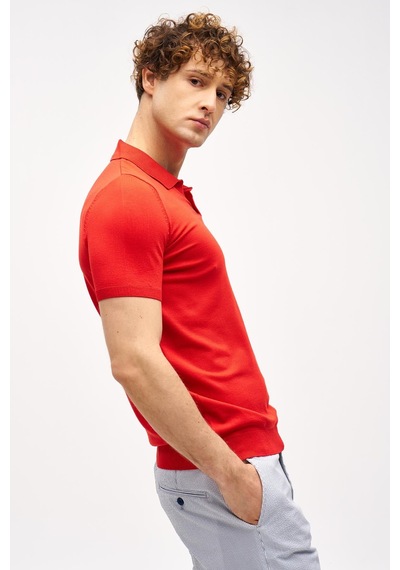 İgs Kırmızı Slim Fit Dar Kalıp Polo Yaka Düz Kısa Kollu Triko Tişört-16330