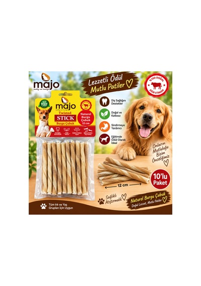 Majo Naturel Burgu Çubuk Twisted Stick Köpek Ödülü 12 Cm 10 Lu Paket Doğal Sığır Eti