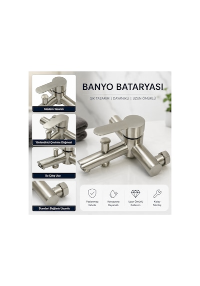 Banyo Bataryası İnox Paslanmaz Çelik Çift Çıkışlı Duş Hortumu Bağlantılı Musluk Metal