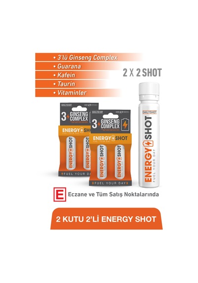 Energyshot 3 Lü Ginseng Complex, Guarana, Kafein, Taurin Ve Vitaminler İçeren Gıda Takviyesi 2x2 Shot