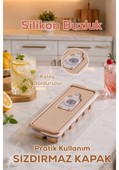 4518 Silikon Buz Kalıbı Kapaklı Dökmeden Kolay Dolum, Bpa İçermez, Pratik Buz Yapma Kabı-buzluk-cappuccino
