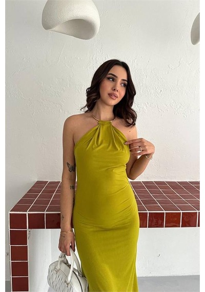 Neşeli Butik Kadın Yeşil Sırt Dekolteli Metal Yaka Midi Elbise Nbk4543 Yeşil