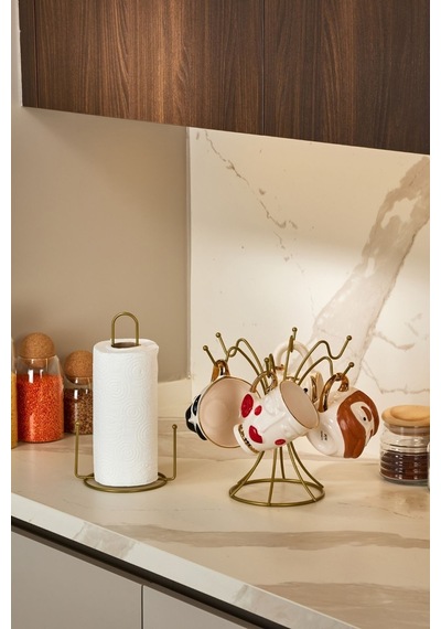 Edora Home 2'li Gold Mutfak Organizer Seti, Misketli Kağıt Havluluk Ve 6 Kancalı Bardaklık - Metal Paslanmaz